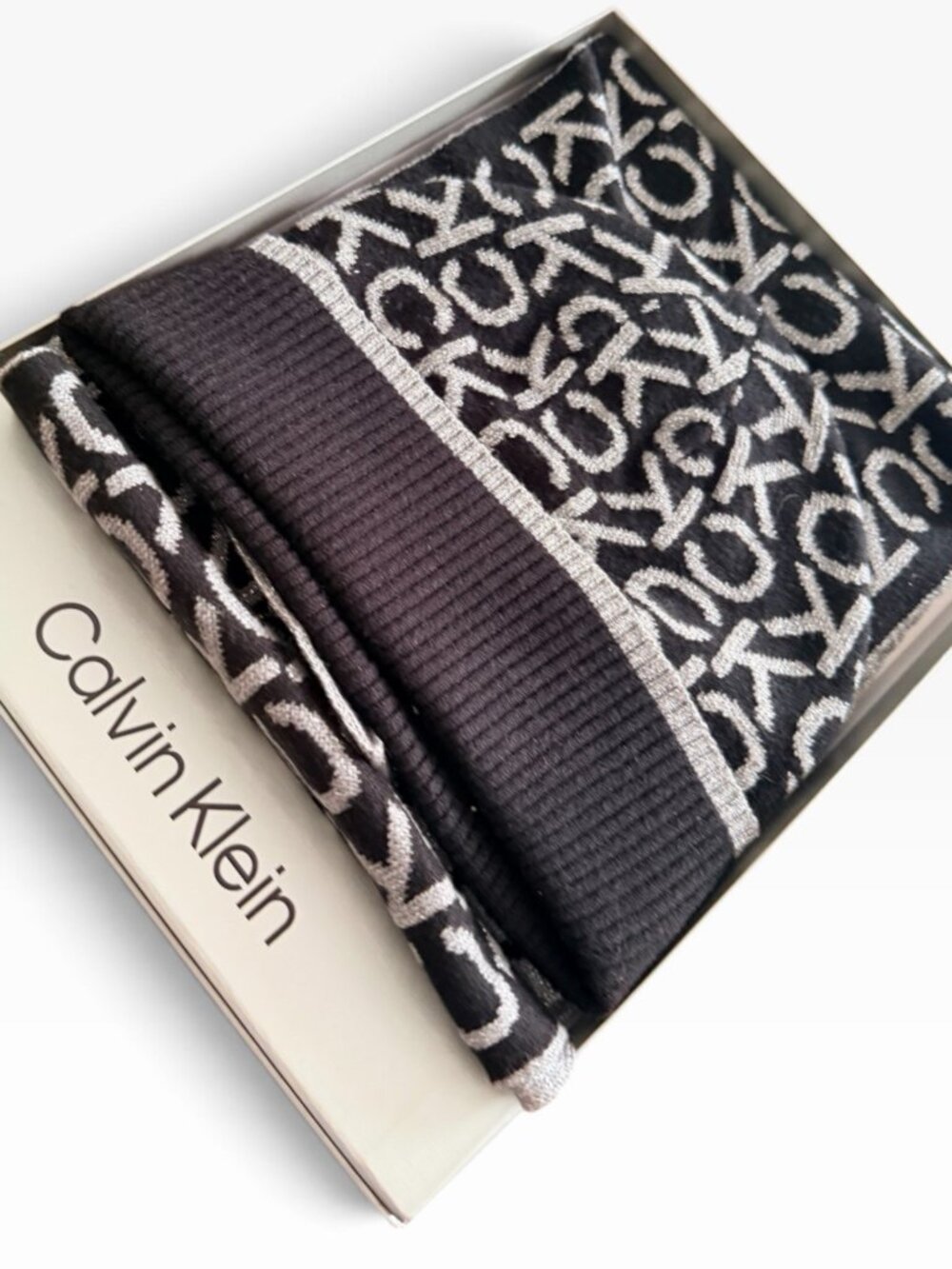 Calvin Klein Logo Black Grey Metallic Knit Beanie Hat & Scarf 2-Pc Gift Set NIB